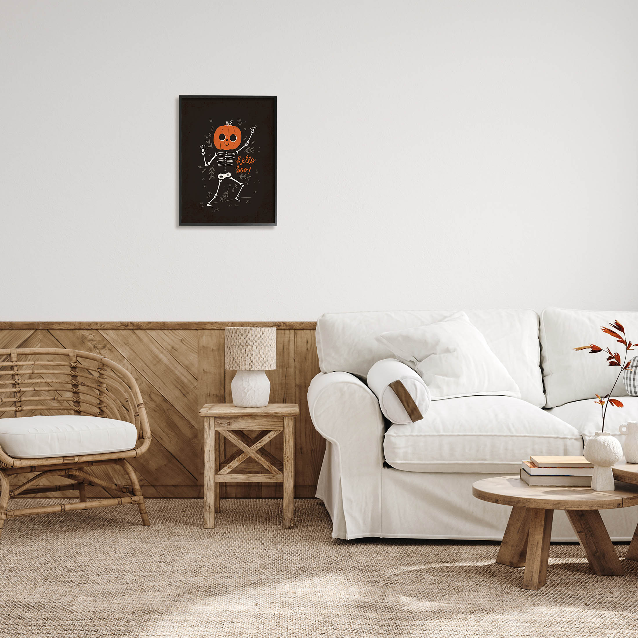 Hello Boo Halloween Smiling Skeleton Holiday Graphic Art Black Framed Art Print Wall Art