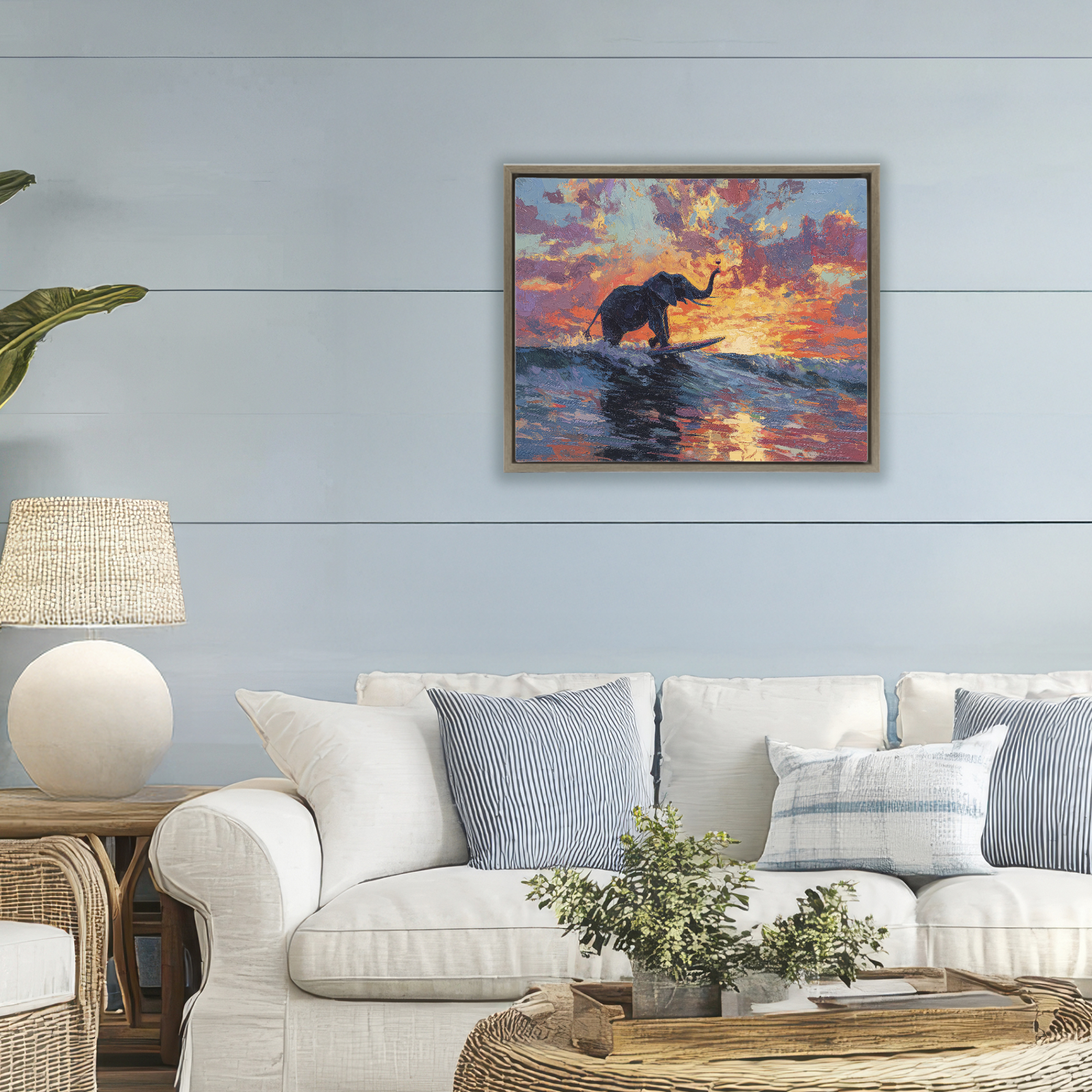 Sunset Surf Elephant Brown Framed Floater Canvas Wall Art, design by Ziwei Li