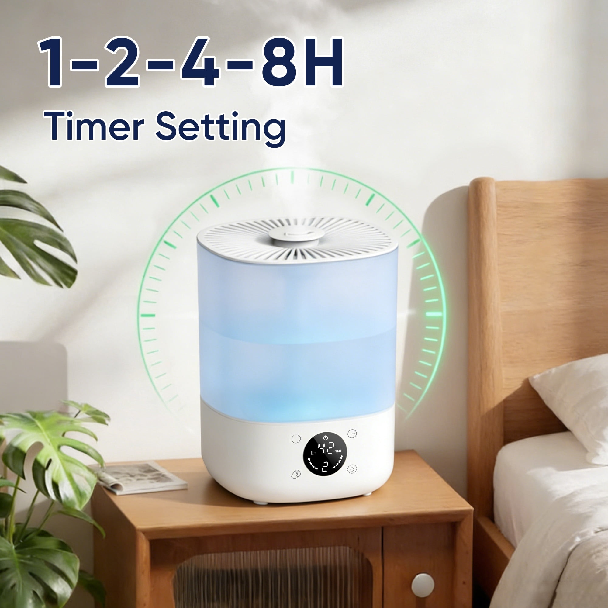 AIRFIRE 4L Cool Mist Humidifier with Auto Humidity Control and Timer for Large Room, Essential Oil Diffuser Air Humidifiers for Bedroom, Overnight Use, Quiet Run, Night Light, White