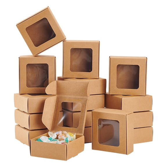 36 Pack 3x3x1.2 Inch Brown Kraft Paper Gift Box with Clear Window for Multiple Occasions DIY