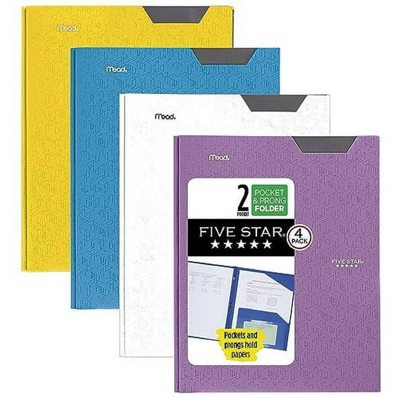 Five Star 2-Pocket Folder, 4 Pack, Plastic Folder with Stay-Put Tabs and Prong Fasteners, Holds 8-1/2" x 11" Paper, Tidewater Blue, White, Amethyst Purple, Harvest Yellow (38064)