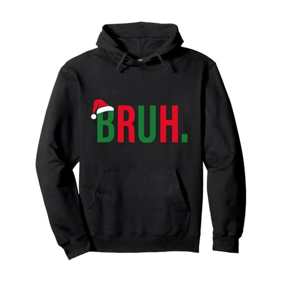 Men'S Funny Christmas Hooded Sweatshirt with BRUH Lettering & Santa Hat Design - Oversized Loose-Fit Pullover, Green & Red Lettering on Black, Kangaroo Pocket, Drawstring Hood, Long Sleeve Casual Win