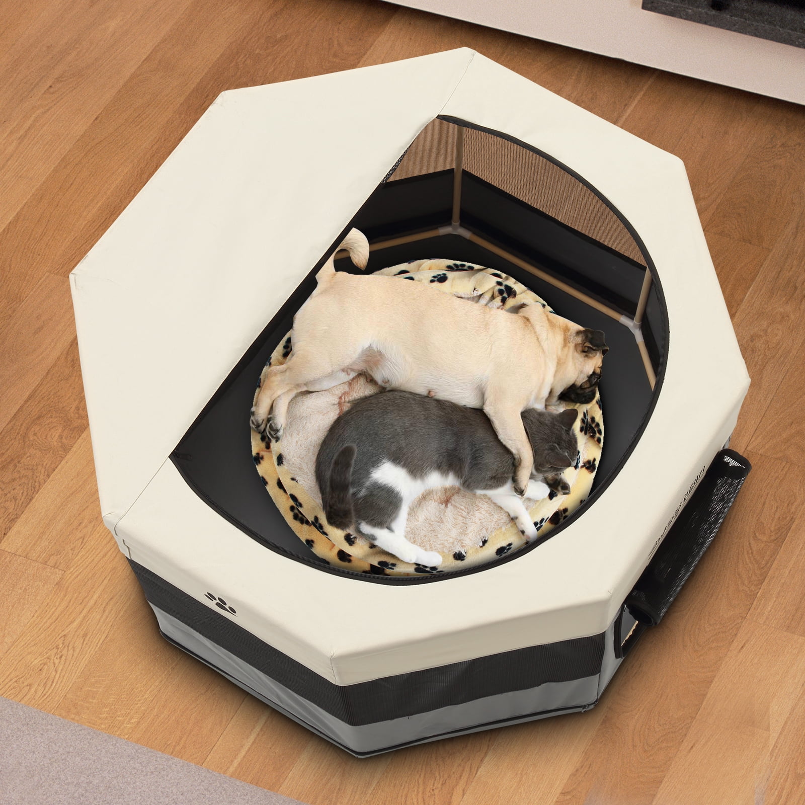 Medium Wood Frame Dog Playpen for Medium Dogs,Cat Playpen with Waterproof Bottom,Travel Pet Play Pen with Side Door for Puppies (36" x 36" x 23", Light Beige)