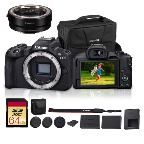 Canon EOS R50 Mirrorless Camera | 24.2MP APS-C, 4K 30p Video, Dual Pixel AF II, Compact Beginner Vlogging Camera (5811C002)   Adapter EF-EOS R   LP-E17 Battery   Shoulder Bag   64GB Card