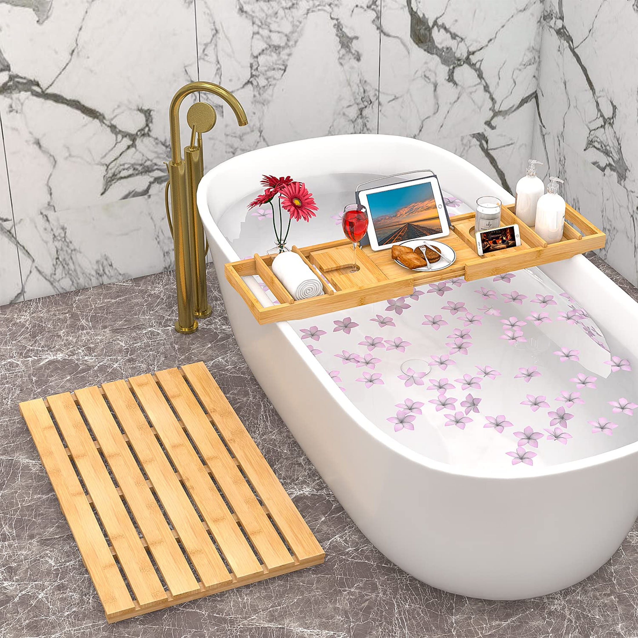 Bamboo Bathtub Shower Caddy Organizer – Pyle USA