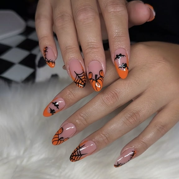 24PCS Halloween Press on Nails, Almond-Shaped with Cartoon Pumpkin & Orange French Design, Detachable Reusable Acrylic Fake Nails, Festive Manicure Kit for Women Girls, Halloween Party & Daily Spooky
