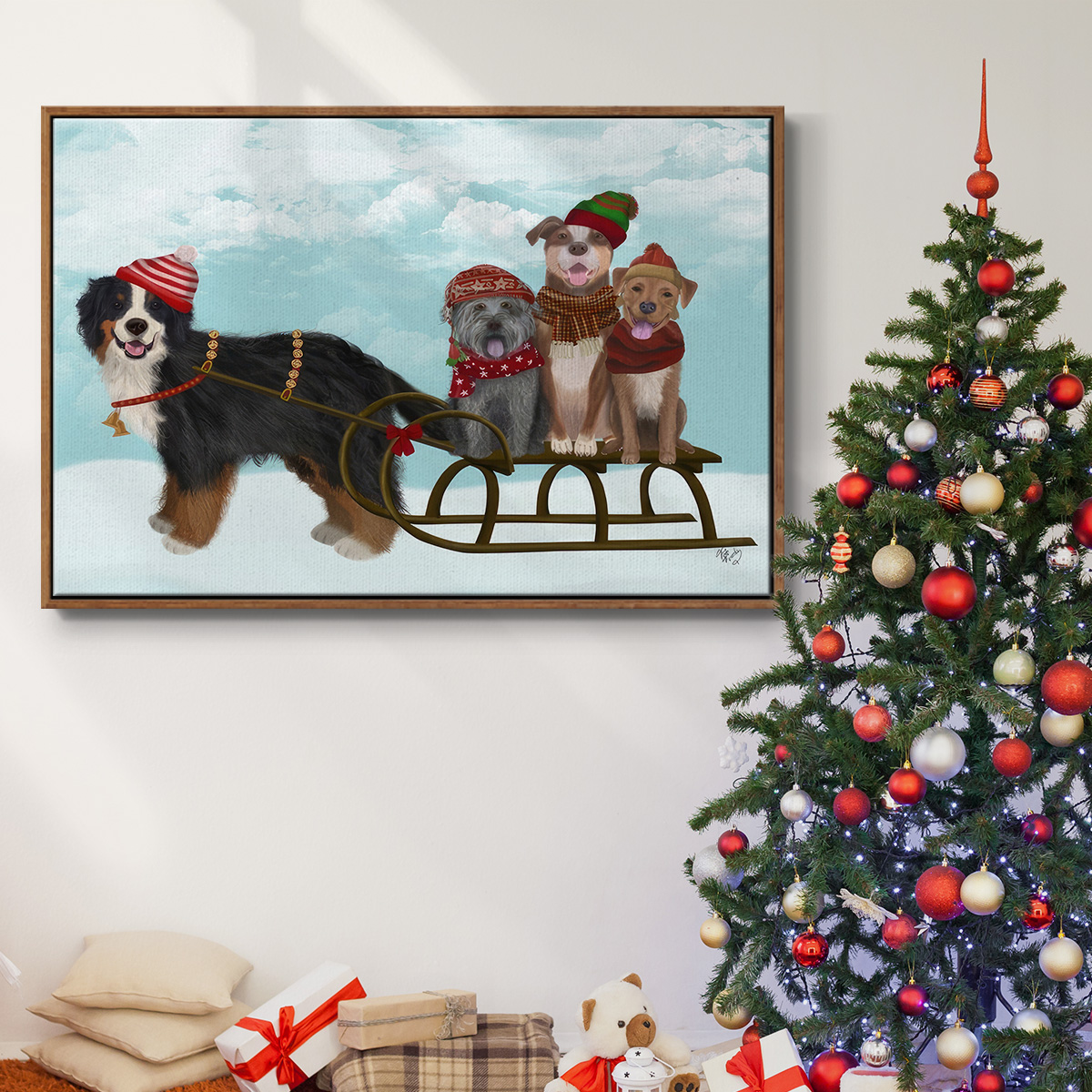 Christmas Mutt Sled - Framed Gallery Wrapped Holiday Canvas - 27 x 41 - Rosewood Frame