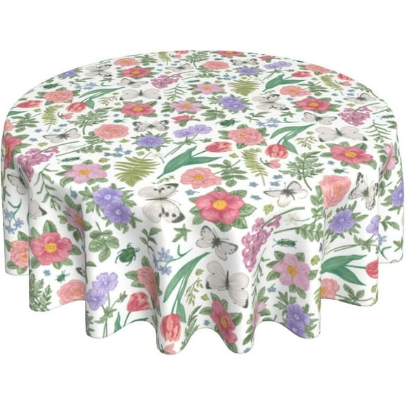 Spring Summer Floral Round Tablecloth 60 Inch Watercolor Flower Butterfly Leaf Decorative Table Cloth Rustic Vintage Resistant Circle Table Cover for Home Kitchen Dining Room Outdoor Decor