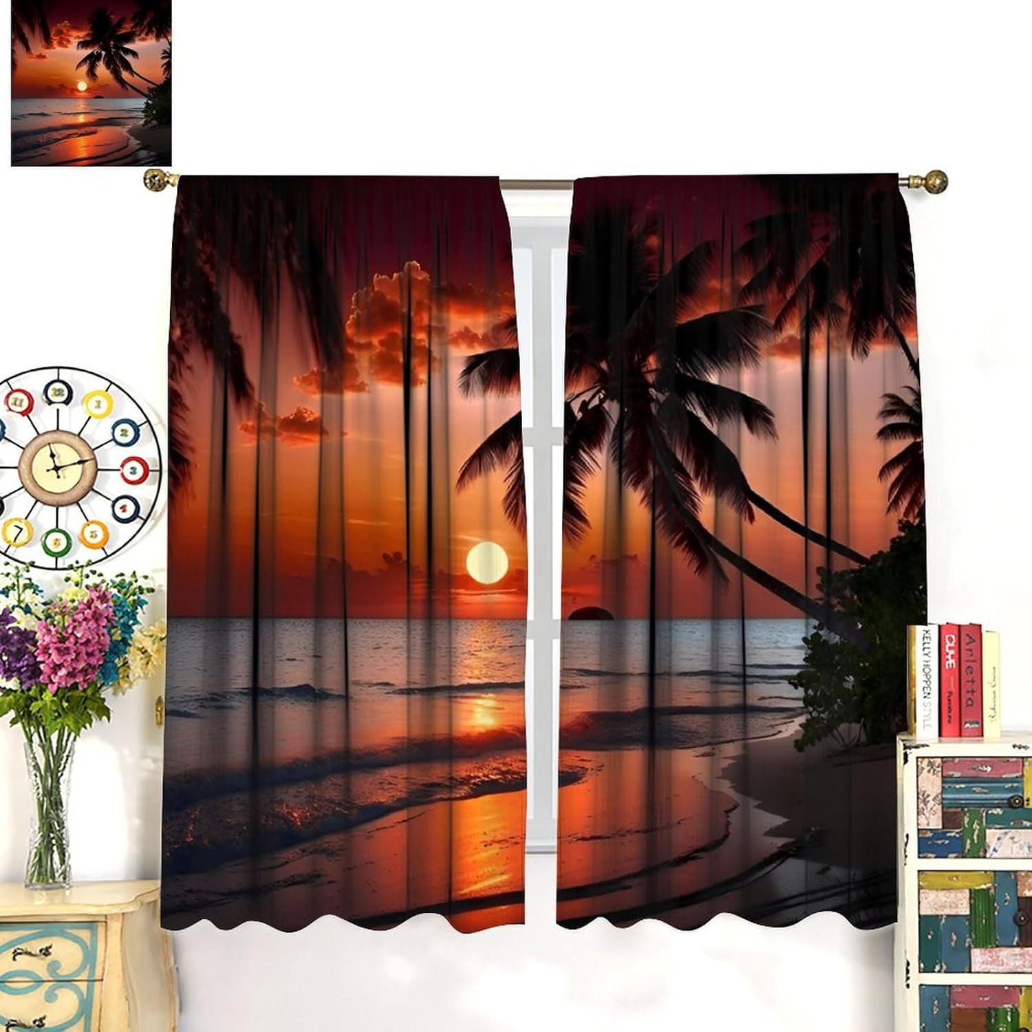 Beach Sunset Curtains for Kitchen, Summer Ocean Palm Tree Tropical Desert Island Orange Sunset Scenery Blackout Window Drapes for Bedroom Living Room, 84" W X 84" L