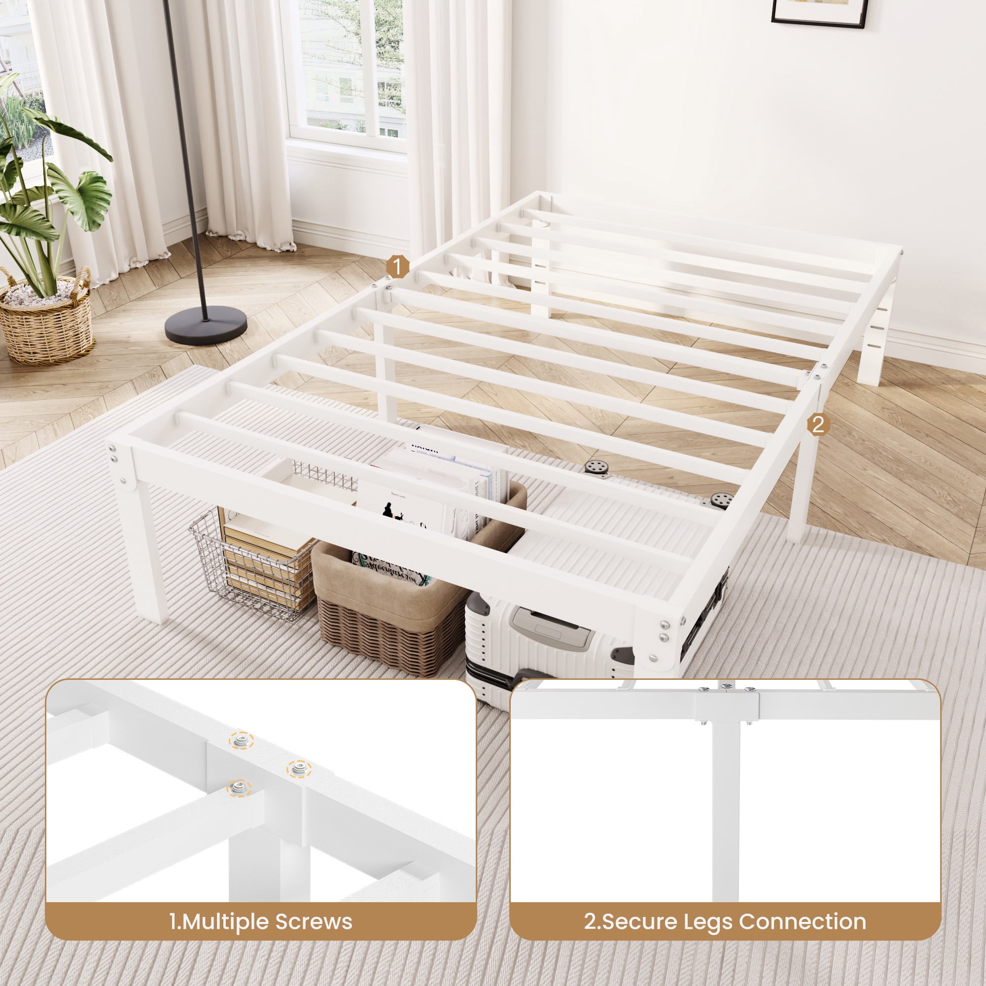 Merrland 12 Inch Twin Size Metal Platform Bed Frame, Heavy-Duty, Under-Bed Storage Space, Easy Assembly, Headboard Compatible, White