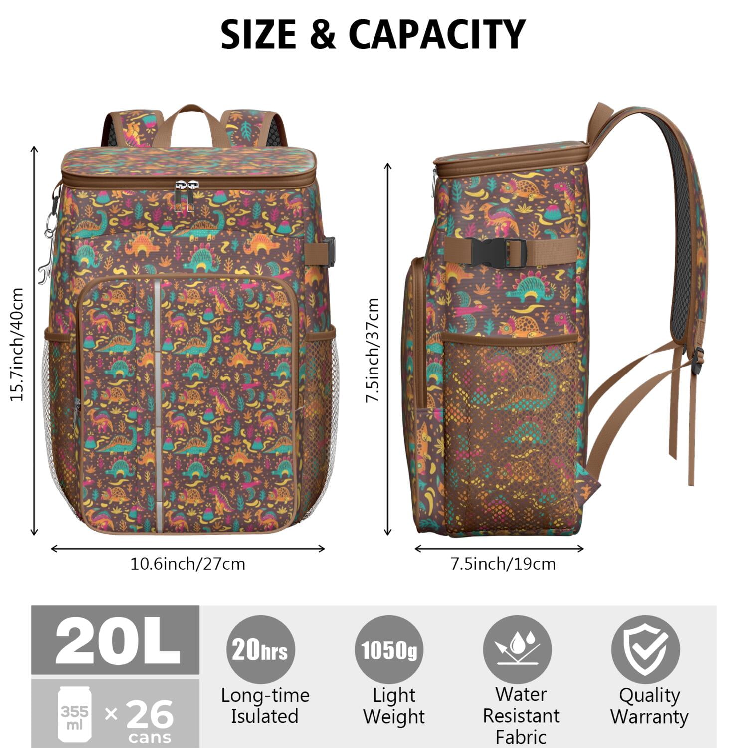Travel Cooler Bag - Colorful Dinosaurs Abstract Shapes Pattern Camping Beer Cooler Backpack with Bottle Opener- Waterproof Insulated Picnic Backpacks - Cooler Bag for Beach