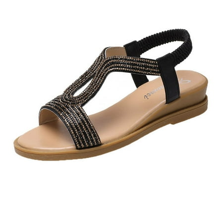 

Rhinestone Glitter Wedge Sandal - Women Elastic Strap Crystal Platform