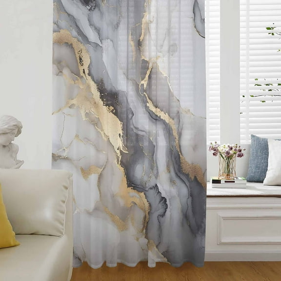 Gray Ombre Marble Semi Sheer Curtains Drapes for Living Room, Bedroom, French Doors Window 72 Inches Long, Abstract Art Contemporary Rod Pocket Chiffon Curtain Drapery Voile Draperies Panel