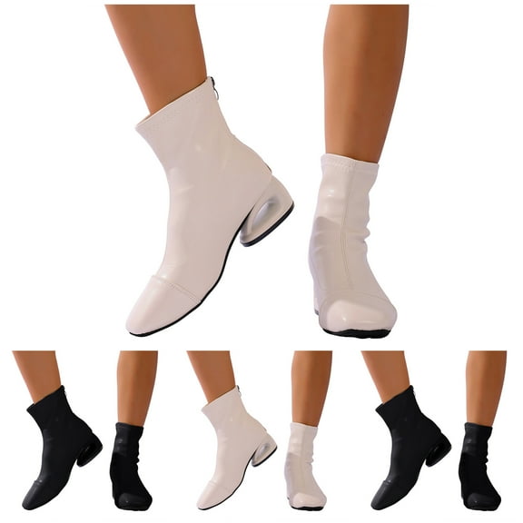 Dakaela Womens Ankle Boots Chunky Heel Chelsea Slip on Booties Comfortable Round Toe Mid Calf Sock Boot Beige 6