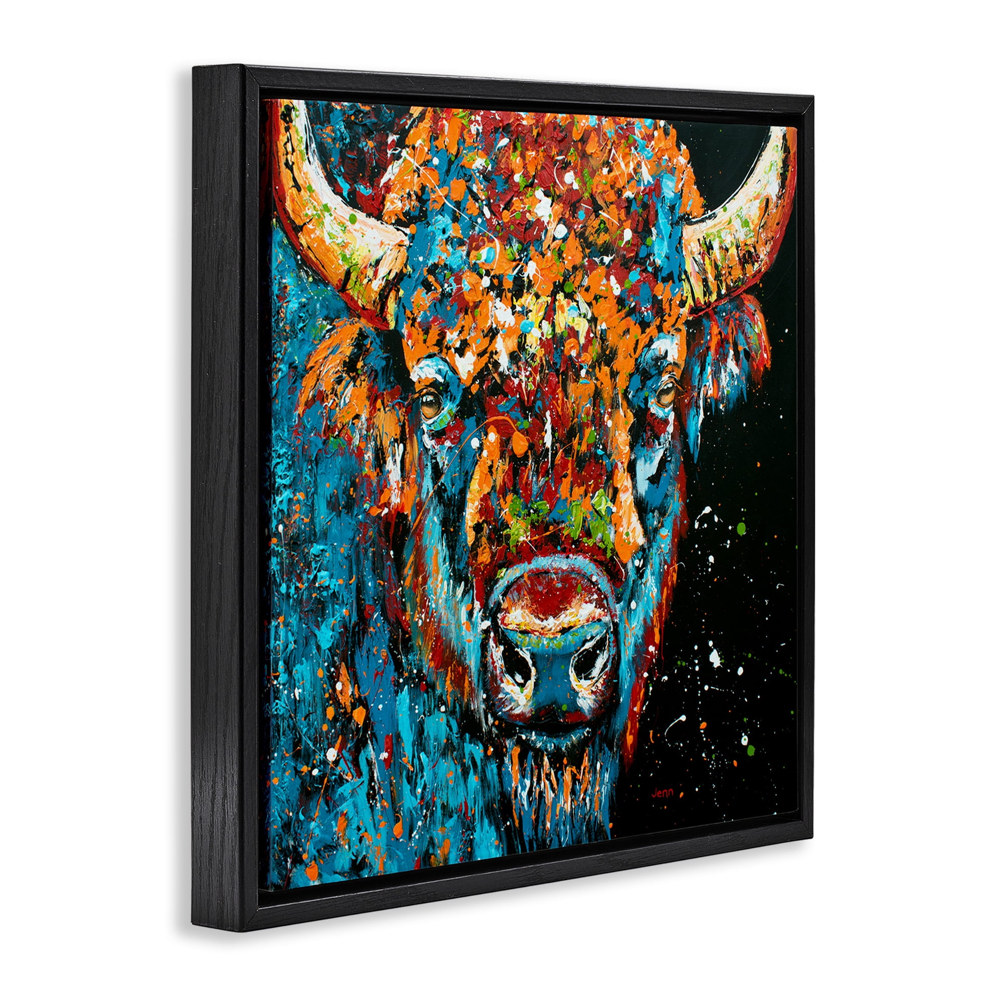 Stupell Industries Modern Bison with Paint Splatter Animals & Insects Painting Black Floater Framed Canvas Art Print Wall Art, 18 x 18