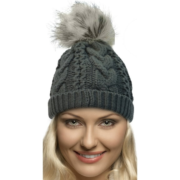 Terra Faux Fur Pom Pom Beanie Hat Thick Slouchy Cable Knit Soft Warm Micro Fleece Lined Unisex Stretches to Fit Most