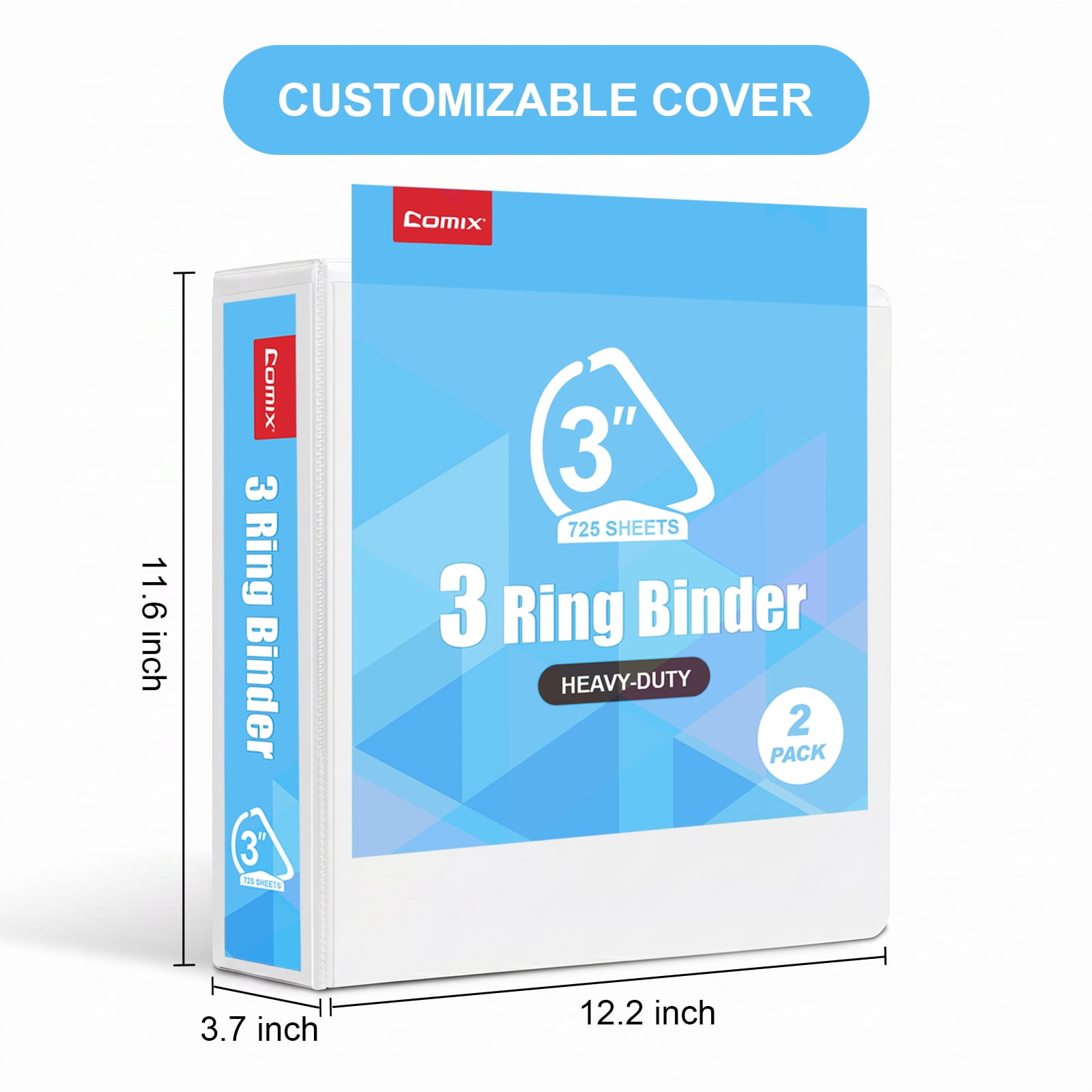 Comix Heavy-duty 3 inch 3 Ring Binder with Clear Cover,  D Ring, 725 Sheets Capacity, Office School Supplies, 2-Pack  White