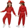 thumbnail image 4 of iiniim Girls Boys Sequin Jazz Hip Hop Dance Performance Hooded Jacket Top with Pants and Hat Outfits Red 7-8, 4 of 7