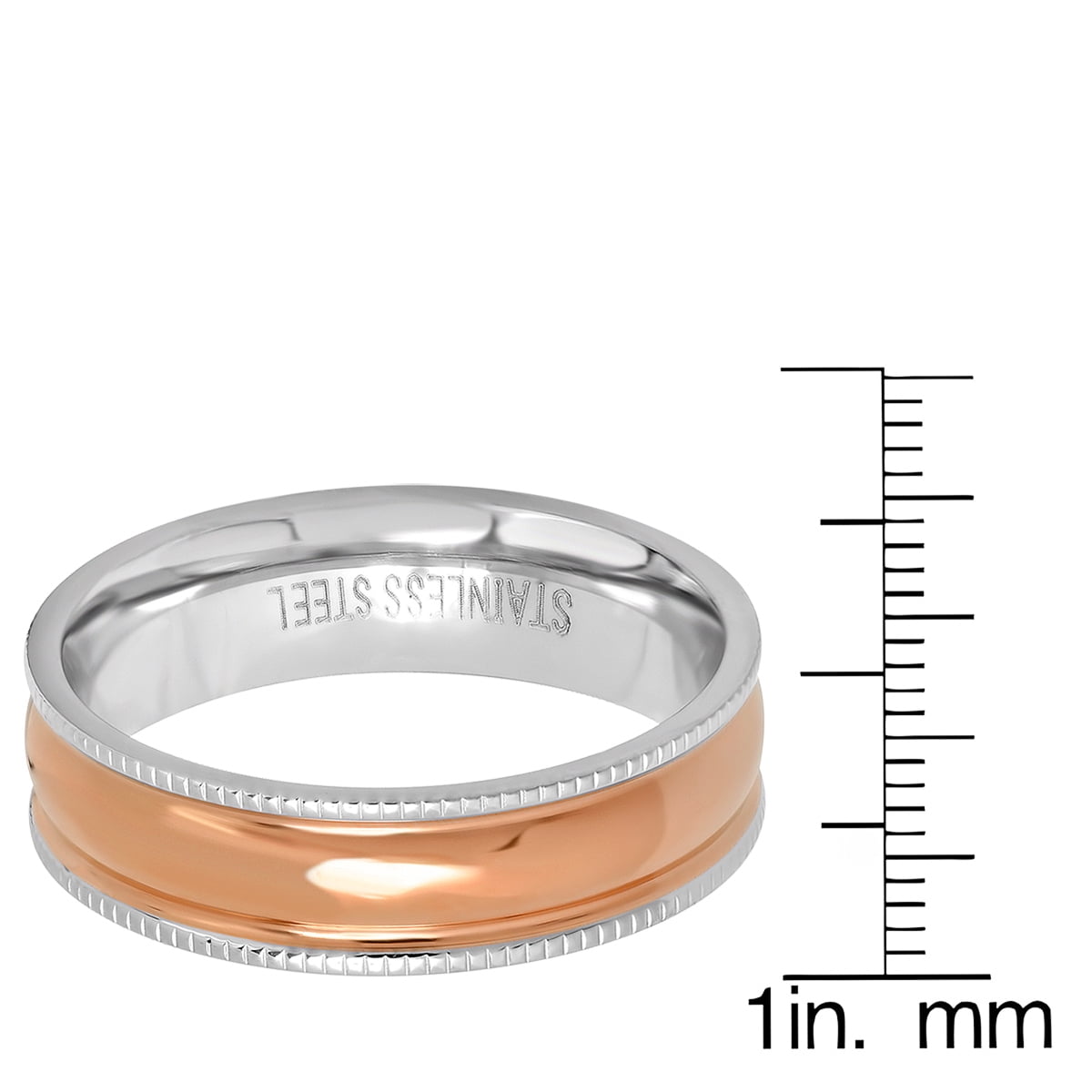 Men's Two Tone Stainless Steel and 18K Rose Gold Plated Stainless Steel Milgrain Band Ring