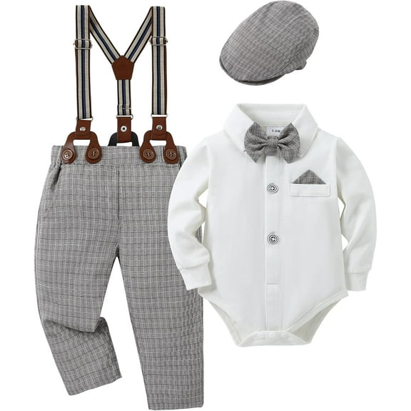 Dtiaagto Baby Boy Clothes Suits 4PCS Gentleman Outfit Dress Romper Beret Hat Suspender Pants Bow Tie Wedding Set