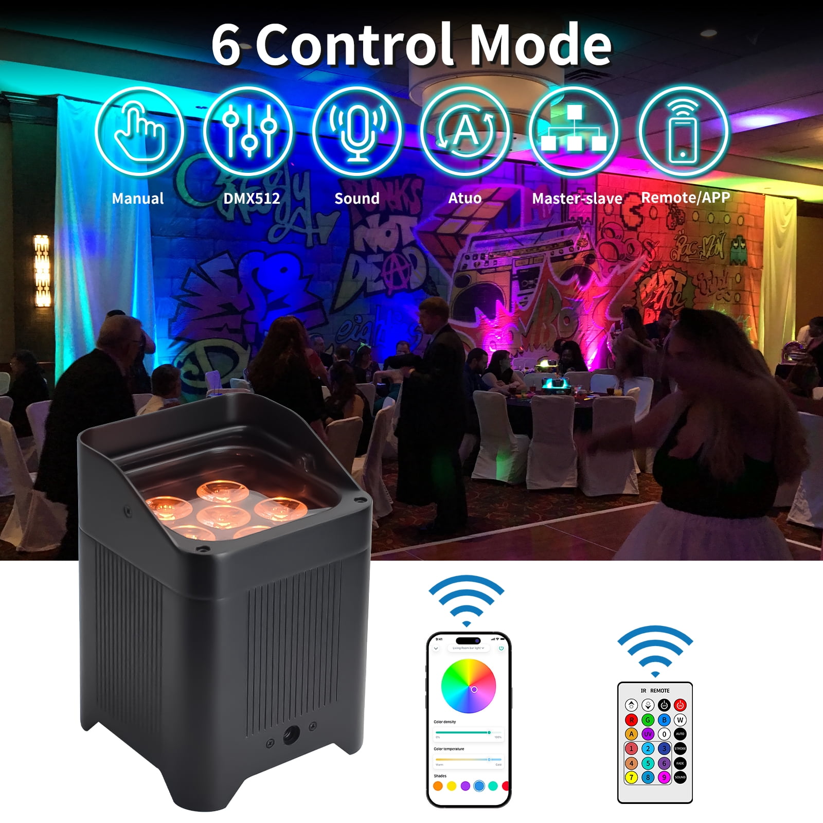 Battery Powered Uplights Rechargeable Par Can 6x18W RGBWA+UV LED Stage Lights