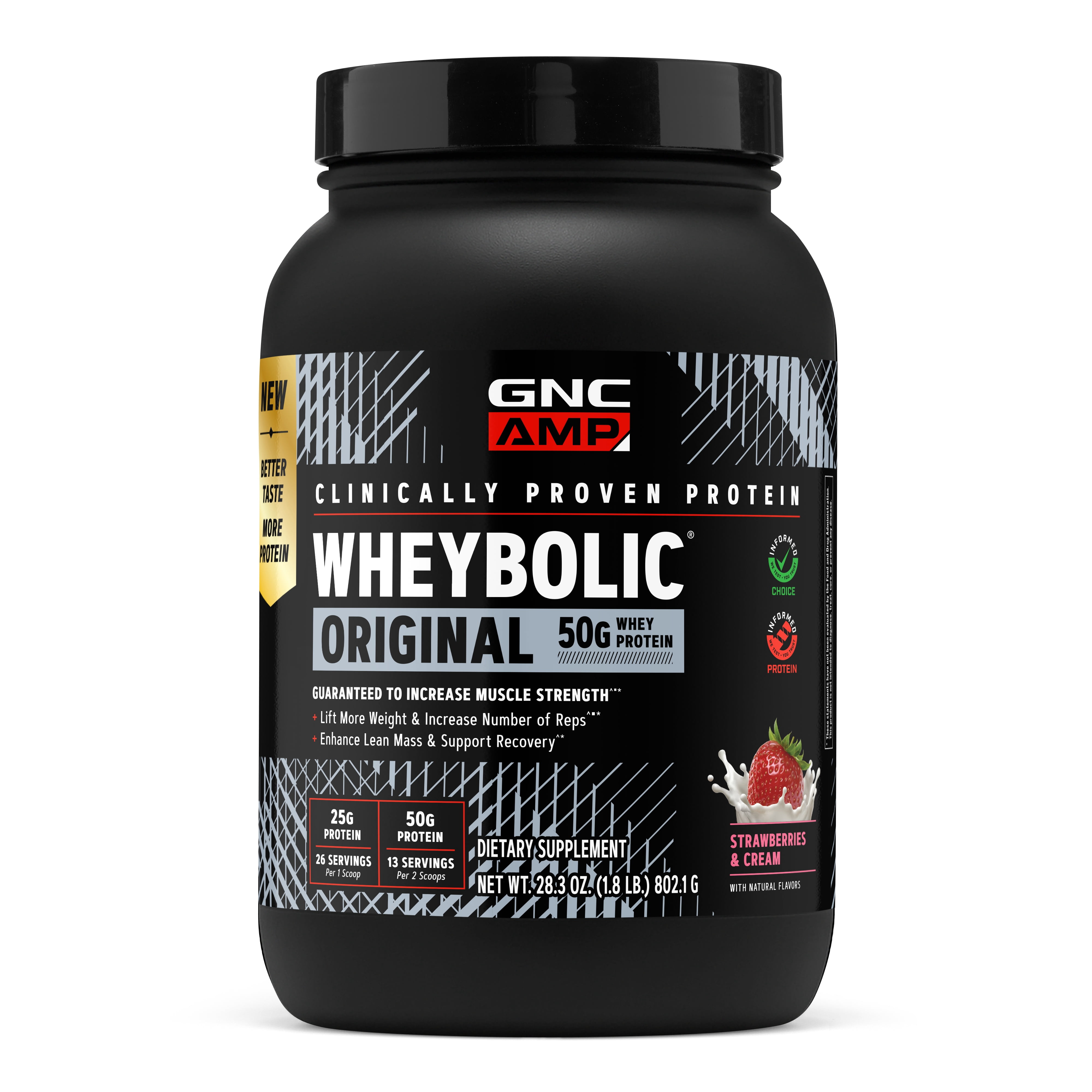 GNC AMP Wheybolic Clinically Proven Protein Powder, 50g Whey Protein, BCAA, Leucine, Increases Muscle Strength, Muscle Building, 3rd Party Tested, Gluten Free, Strawberries & Cream, 13 Servings