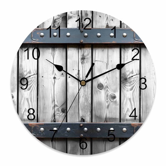Wall Clock Grey Wood Grain Clocks PVC Silent Non-Ticking Battery Operated Decorative Retro Barn Door Round Clock for Home Living Room Kitchen Bedroom Office School Wall Decor 10 Inch