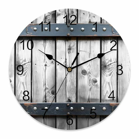 Wall Clock Grey Wood Grain Clocks PVC Silent Non-Ticking Battery Operated Decorative Retro Barn Door Round Clock for Home Living Room Kitchen Bedroom Office School Wall Decor 10 Inch