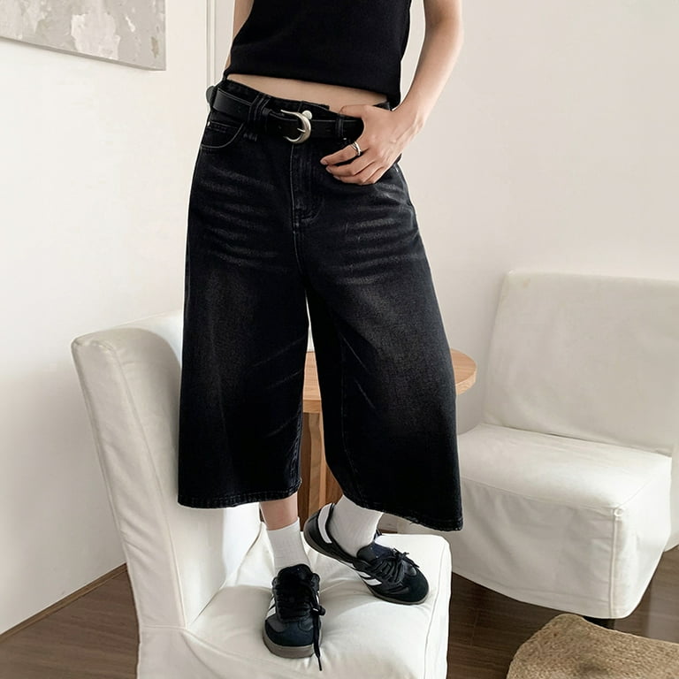 Black Y2k Style Baggy Denim Shorts Women Wide Leg Short
