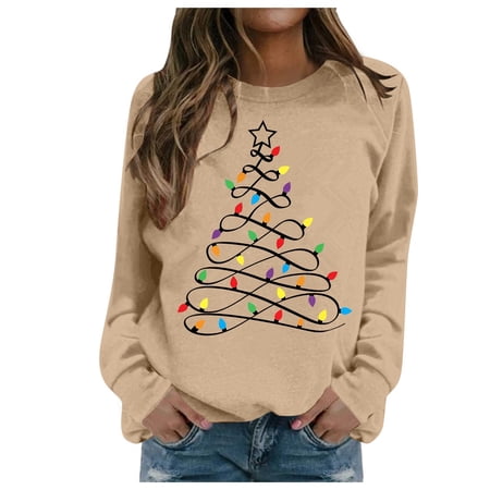 FYEGRE Christmas Shirts for Women Long Sleeve Casual Xmas Tree Graphci Cute Party Holiday Tees Fashion Fall Pullover Tops Khaki XXL