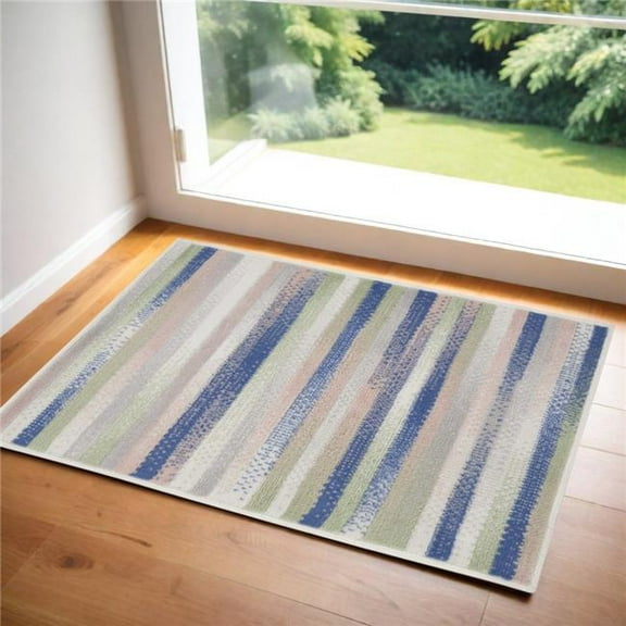 HomeRoots 553074 3 x 5 ft. Striped Rectangle Area Rug, Ivory, Tan & Blue