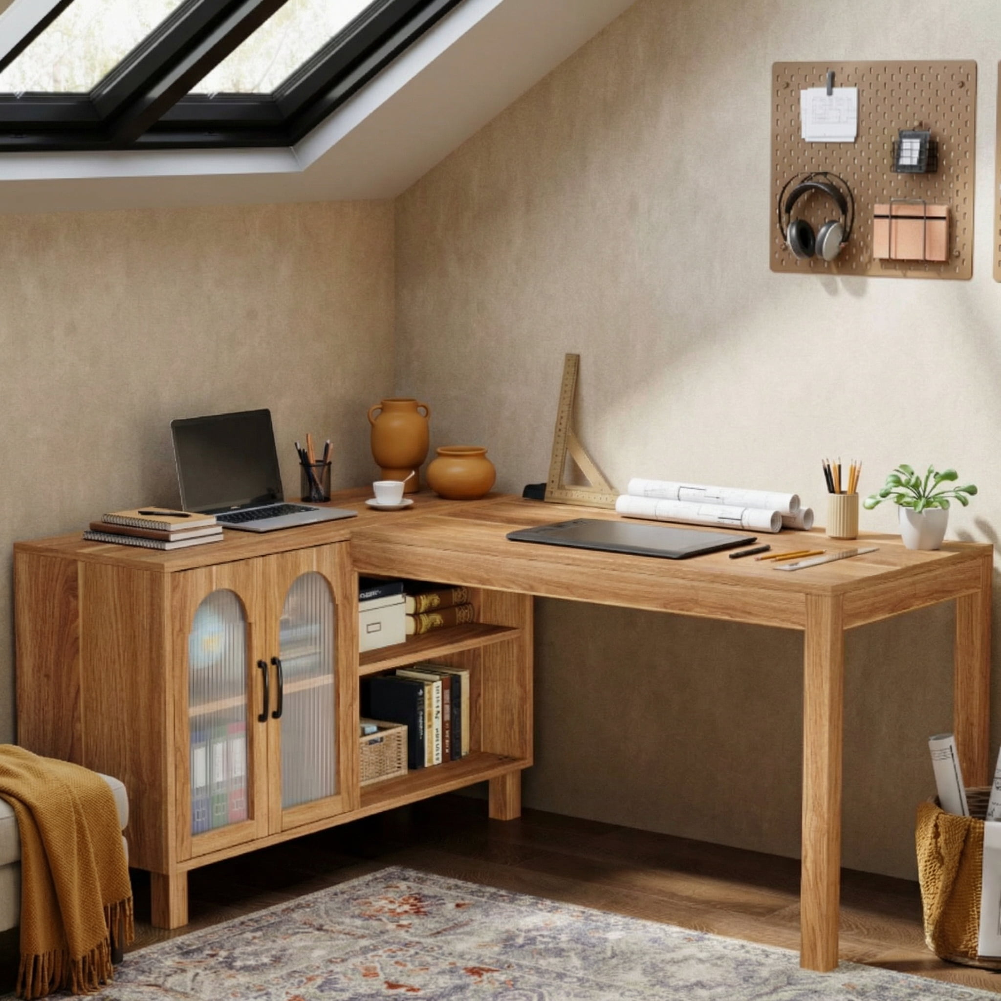 Fnova 59" Farmhouse L Shaped Desk with Storage, Computer Office Desk Writing Table Workstation, Spacious Executive Desk with 4 Storage Shelves, Brown