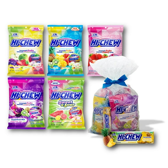 Hi-Chew Peg Bag Variety Mix 5 Different Mixes (Original, Tropical, Sweet and Sour, Plus Fruit, and Superfruit Plus 1 Bar Pineapple Flavor Gift Pack (6-Piece Set)