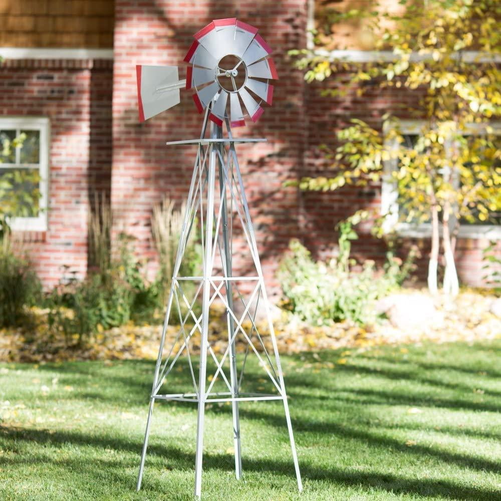 Dolls House Miniature Garden Outdoor Furniture Silver & Red Metal Windmill 