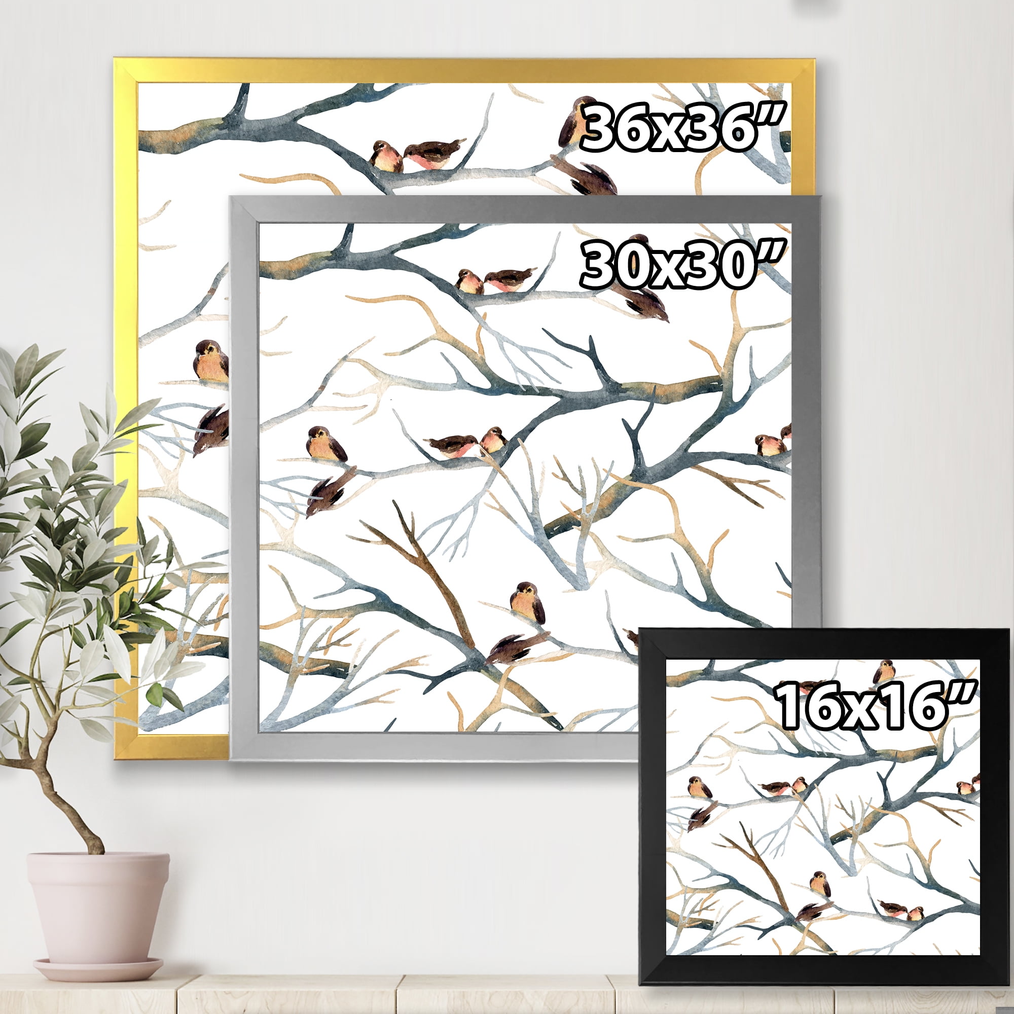 Designart 'Little Birds Sitting On The Tree Branches I' Traditional Framed Art Print