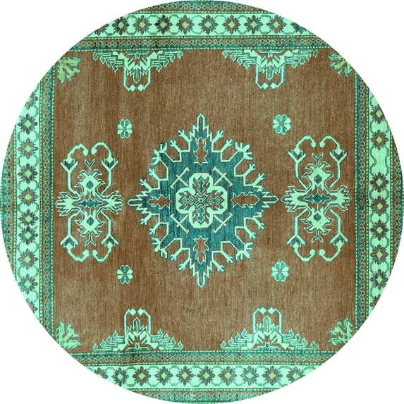 Ahgly Company Machine Washable Indoor Round Persian Turquoise Blue Traditional Area Rugs, 4' Round