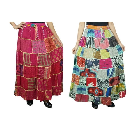 Patchwork Print Skirt - Mogul 2 Pc Women's Pink Green Patchwork Skirt Printed Boho Chic Gypsy Hippy Maxi Skirts