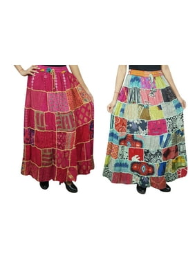 Mogul 2 Pc Women's Pink Green Patchwork Skirt Printed Boho Chic Gypsy Hippy Maxi Skirts
