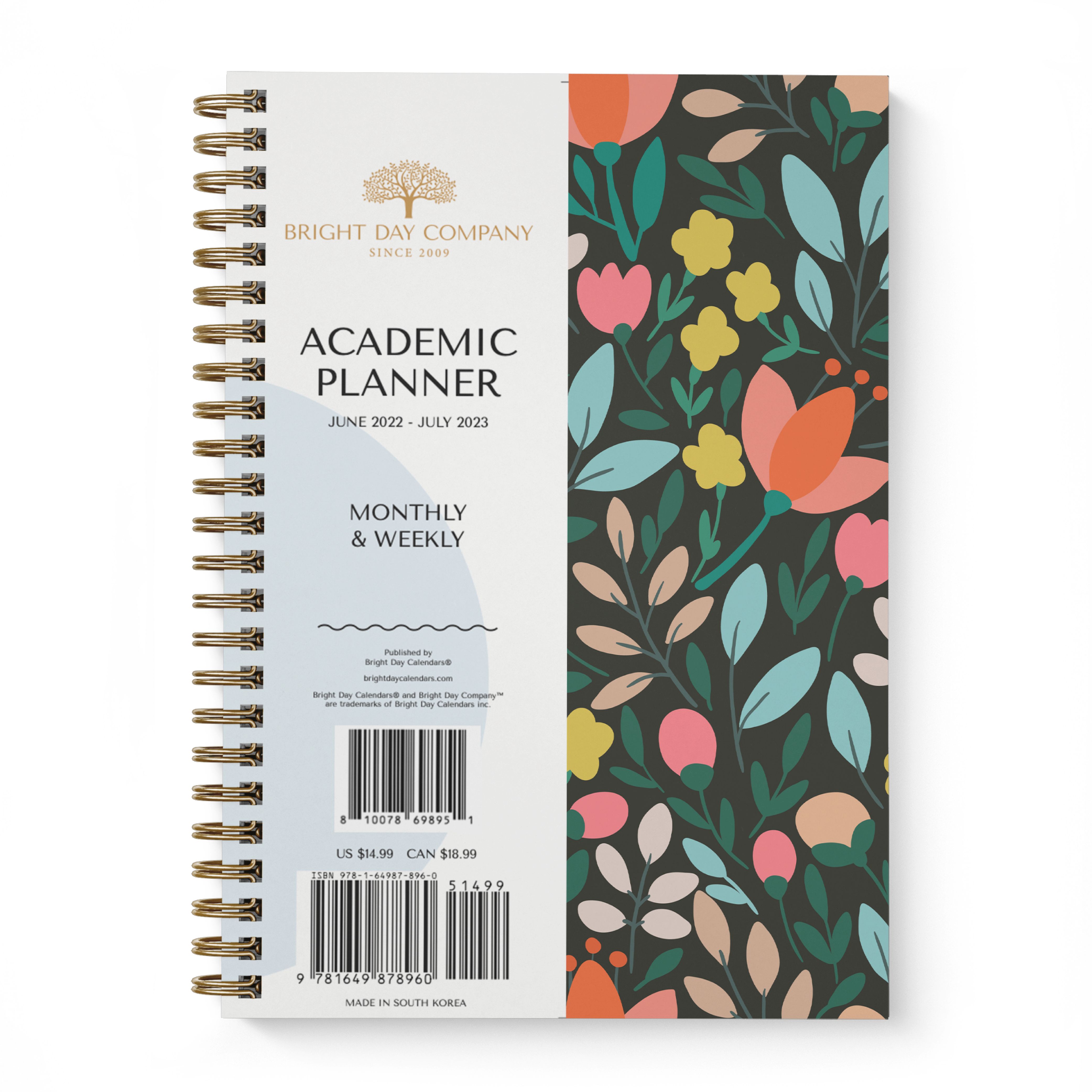Black floral academic planner by Bright Day, June 2022 - July 2023, 11x8.5 Inch