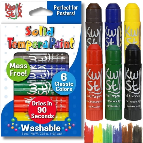 Kwik Stix Tempera Paint Sticks, 6 Count, Classic Colors, Washable, Quick-Drying, Non-Toxic for Kids