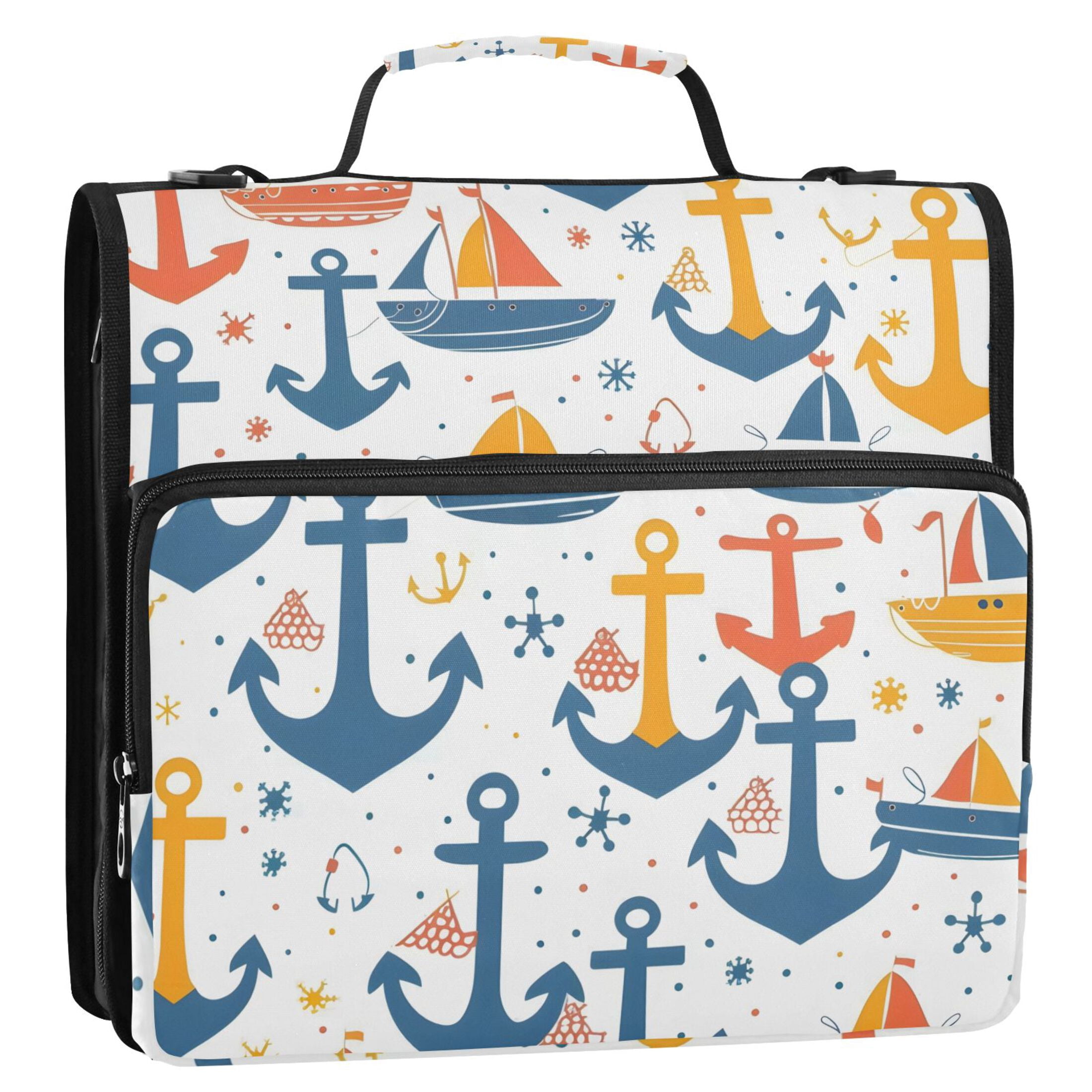 3 Ring Zipper Binder with Shoulder Strap Waterproof Trapper Keeper 2 Inch D-Ring 500 Sheets Capacity Anchors Boats Dots