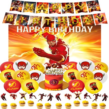The Flash Party Supplies Pack Includes， Banner， Backdrop, Cake Topper，Balloons for Superhero party Decoration