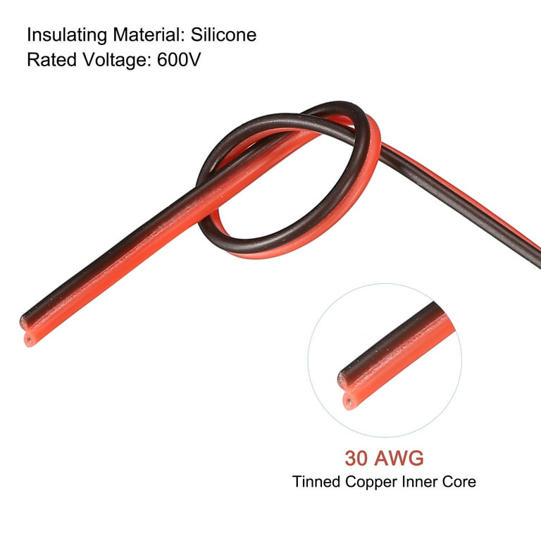 2 Conductor Parallel Silicone Wire 30AWG 30 Gauge Red Black Electrical Wire  Tinned Copper Spool 3.0m/10ft