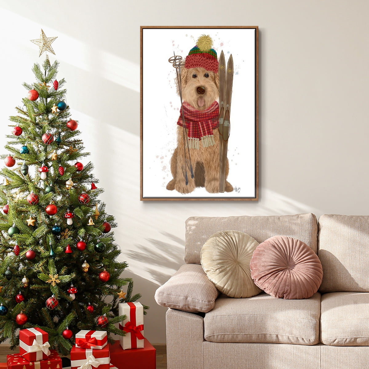 Goldendoodle Ski Dog - Framed Gallery Wrapped Holiday Canvas - 25 x 37 - Rosewood Frame