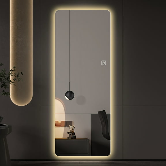 Wall-mounted frameless round-corner illuminated dressing mirror, dimensions 65" x 22"