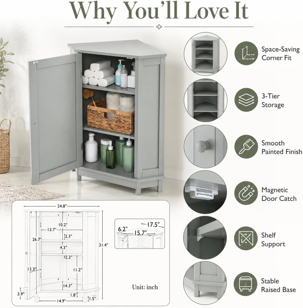 31" Corner Storage Cabinet, Wood Freestanding Triangle Floor Cabinet with Door & Shelves, Grey