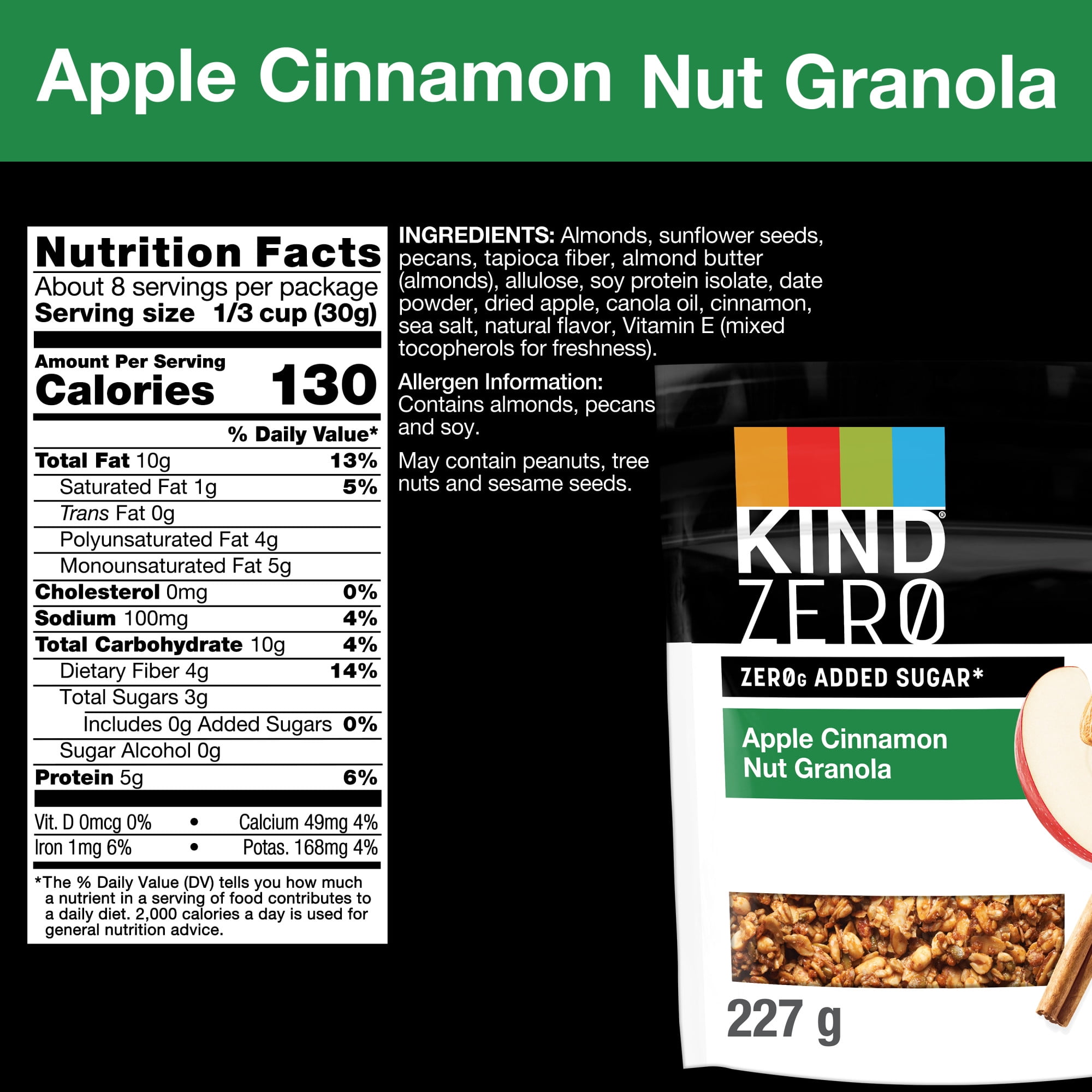 KIND ZERO Added Sugar Nut Granola, Apple Cinnamon, Gluten Free, 8oz Pouch, 1 Count