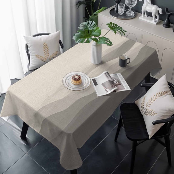 Grey Beige Ombre Table Cloth Waterproof Tablecloths, Minimalist Ocean Waves Linen Tablecloth Dining Table Cover for Kitchen Party Tabletop Outdoor, Rectangle Tablecloth 60x120 Inch