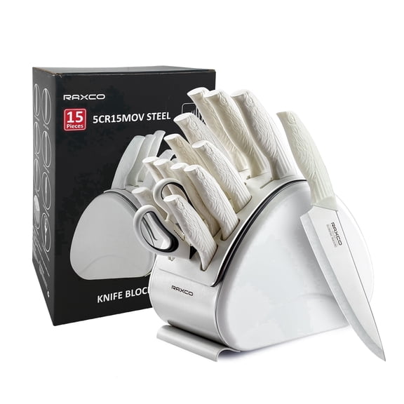 RAXCO 15-Piece Kitchen Knife Block Set with Built-in Sharpener, High Carbon Stainless Steel, White