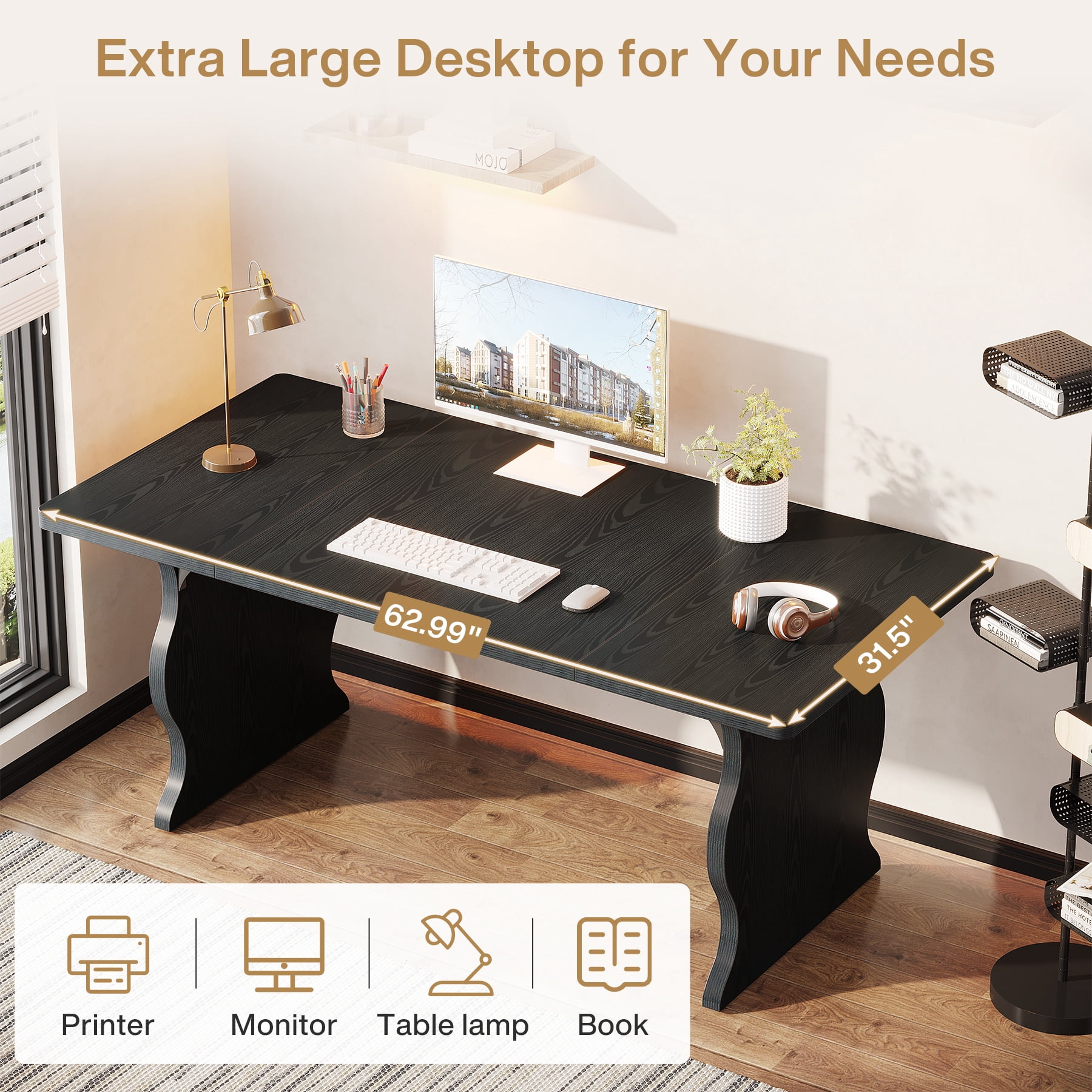 Tribesigns Large Executive Table for 1-2 Person, Modern 63-Inch Computer Desk with Sturdy Legs for Home Office , Black